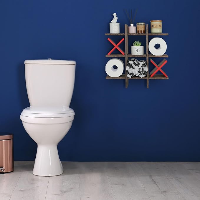 Weysat Tic Tac Toe Toilet Paper Holder Stand Bathroom Wall Decor Rustic Wooden Hanging Storage Freestanding Wall Mounted Shelves Decor for Toilet Tissue Farmhouse