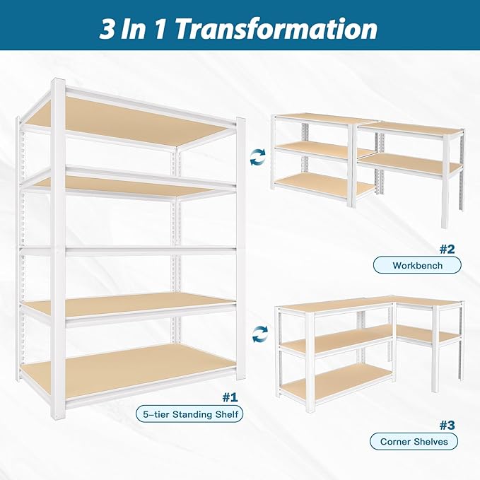 PrimeZone 36" W x 16" D x 72" H Closet Storage Shelves - 5 Tier White Metal Connector Shelving, Adjustable Heavy Duty Garage Shelves, Utility Rack Organizer Shelf for Kitchen Pantry Closet Garage
