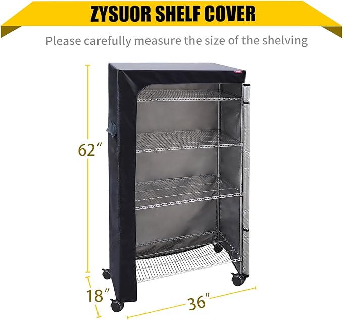 Waterproof Shelf Cover for Wire Shelving – Fits 36" W x 18" D x 62" H Storage Rack, Heavy Duty Oxford Fabric with Clear Front & Two-Way Zipper for Closet, Pantry, Laundry (Black, Cover Only)