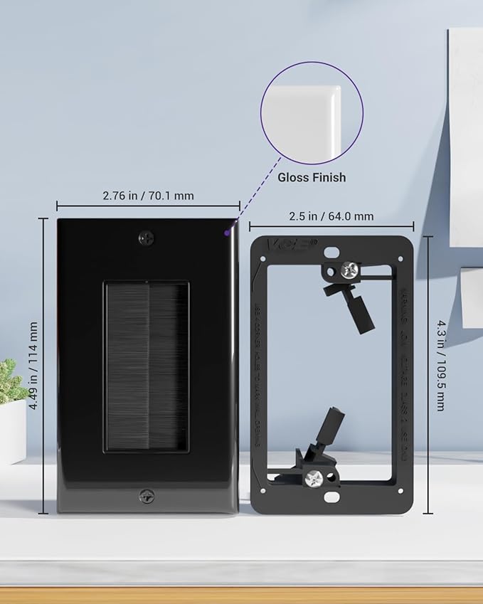 VCE Brush Wall Plate with Bracket, Cable Pass Through Insert Single Gang Decorator Wall Cover for Low Voltage Cables, Cord Hider for Wall Mount TV, Home Theater System, Black (2-Pack)