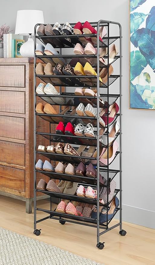 10 Tier Double-Sided Shoe Cart with Lockable Wheels