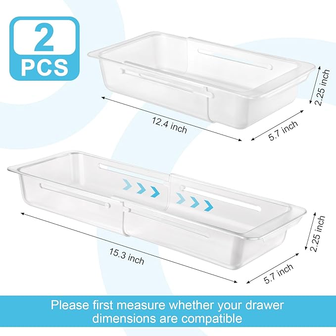 2 PCS Deep Drawer Organizer Bin Adjustable Sliding Drawer Organizers Clear