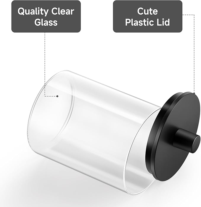 Glass Qtip Holder Dispenser, 10 oz Clear Canister Apothecary Jar, 2 Pack, Black
