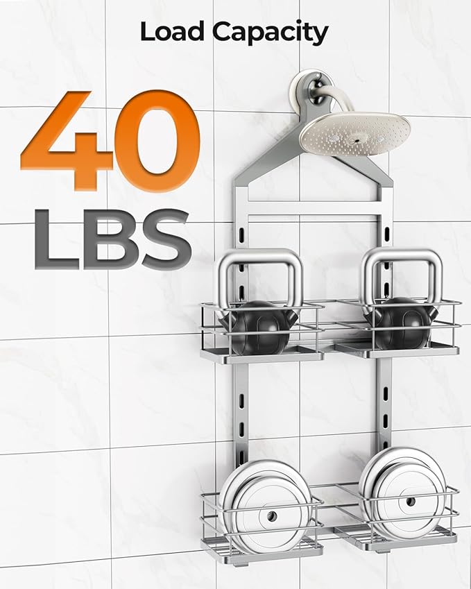 ODesign 2 Tier Height-Adjustable Shower Caddy Hanging Anti-Swing-Over The Shower Head Caddy-Storage Organizer Bathroom Shelves Basket-Silver