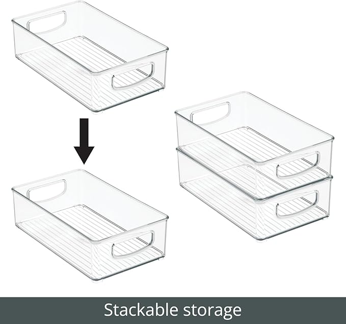 mDesign Small Plastic Office Storage Container Bins w/Handles for Organization in Filing Cabinet, Closet Shelf, Desk Drawers, Organizer for Notes, Pens, Pencils - Ligne Collection, 4 Pack - Clear