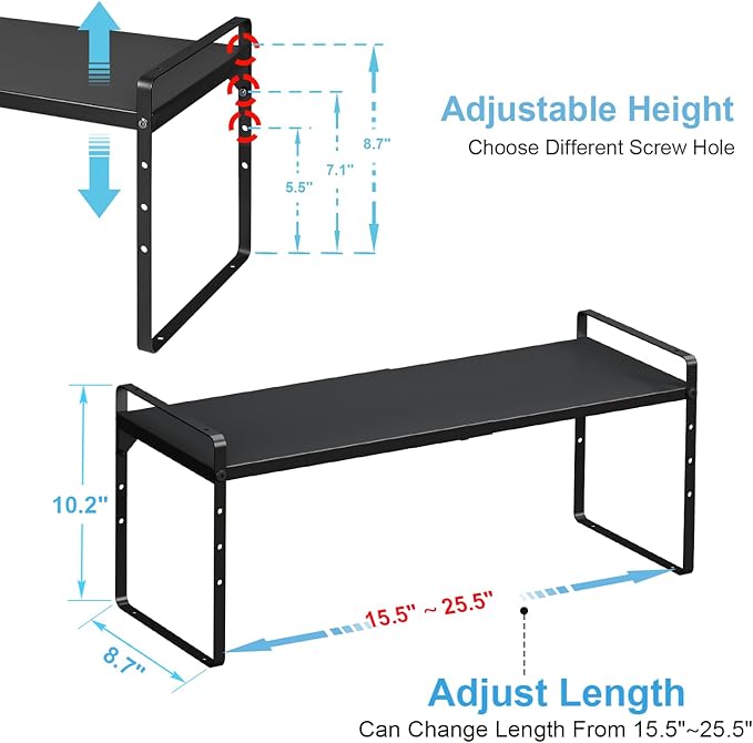15.5 to 25.5 Inch Kitchen Cabinet Shelf Organizers, Adjustable Kitchen Counter Shelf Organizer, Set of 4 Expandable Countertop Storage Shelves, Stackable Design, 30LBS Heavy Duty, Space Saver