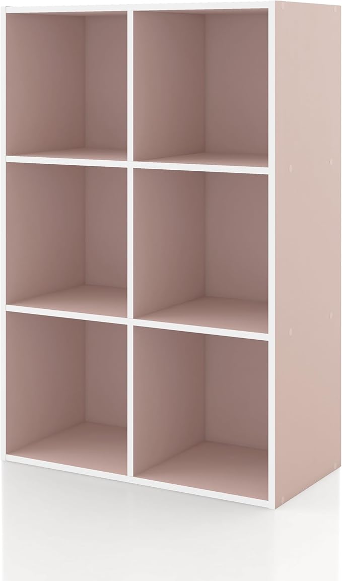Homes: Inside + Out Apexa 6-Cube Storage Organizer Shelves, Stackable Wood Bookcase Fits Cubby Bins for Organization, Dorm Teen Room Decor & Home Office, Light Pink