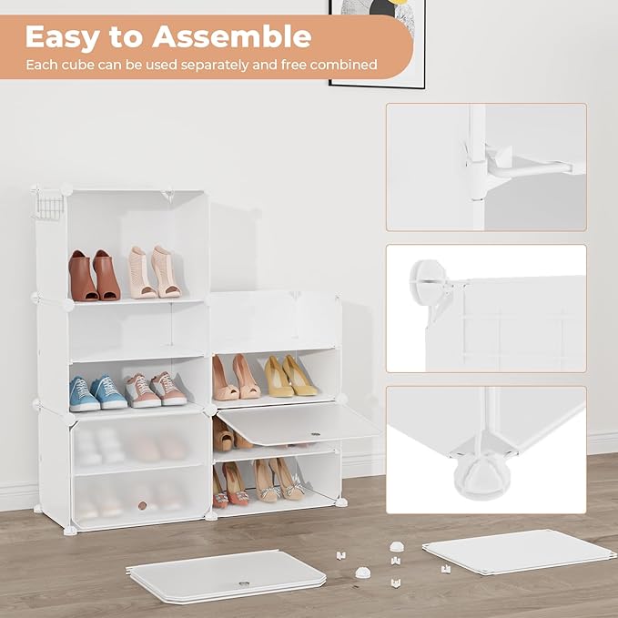 Shoe Rack 8 Tier Shoe Storage Cabinet with Door 32 Pair Tall Shoes Rack Organizer Free Standing Expandable Stable Plastic Easy Assembly Shoes Shelf for Closet Hallway Entryway Bedroom White