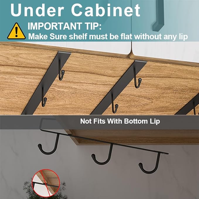 ECROCY Coffee Mug Holder Under Cabinet, 3pcs Coffee Cup Holder Only Fits Flat Shelf Without Any Lip, Clip-On Coffee Mug Organizer No Drilling Free Damage