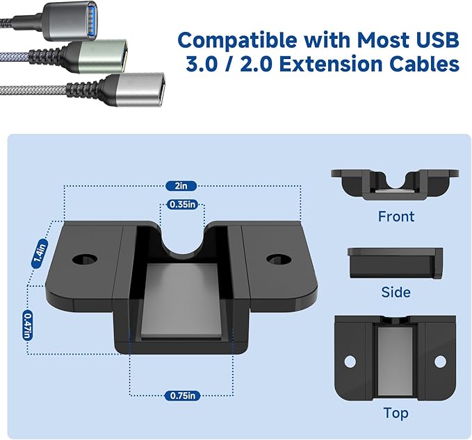 Under Desk USB Extension Cable Holder - 1PC Small Arylic Organizer for USB Extension Cord Mount Easy Access & Secure Plug, Black