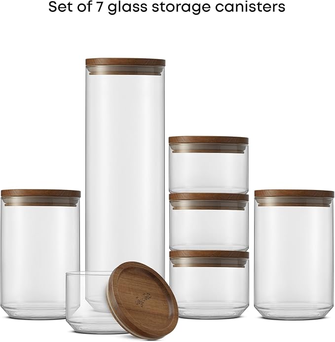JoyJolt Holden 7-Piece Stackable Glass Storage Containers with Lids, Airtight Food Canister Set with Acacia Wood Lids, Round Stacking Pantry and Kitchen Containers for Pasta, Flour, Sugar, Coffee