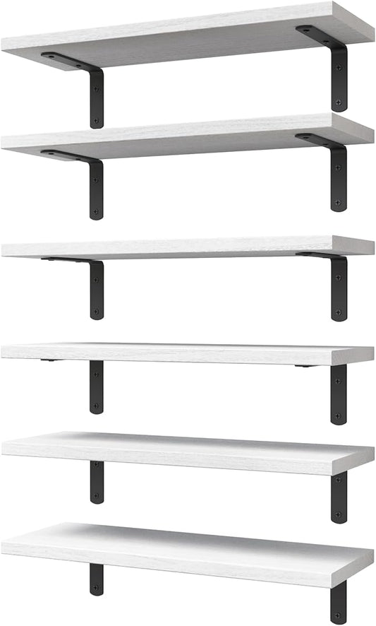 White Floating Shelves Set of 6, Wood for Bedroom, Modern Wall Decor
