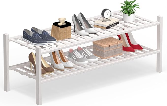 Haddockway Long 2 Tier Bamboo Shoe Rack Storage Organizer, Multifunctional Free Standing Stackable Shoe Shelf with Grid Panel for Closet,Hallway,Entryway,Small Space 34.2"x11"x13"