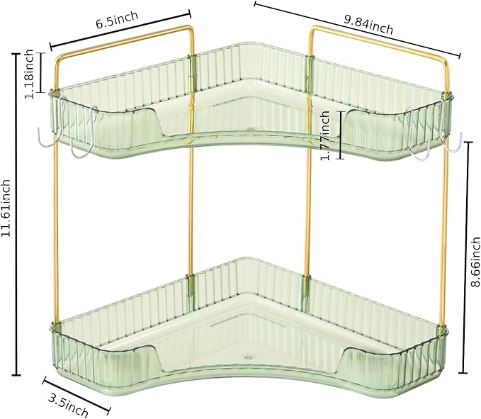 2-Tier Corner Bathroom Organizer Countertop with Hooks, Green Gold