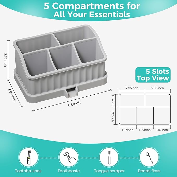 Silicone Toothbrush Holders for Bathrooms, 5 Slots Detachable Toothbrush and Toothpaste Holder, Bathroom Countertop Organizer and Storage (Grey)