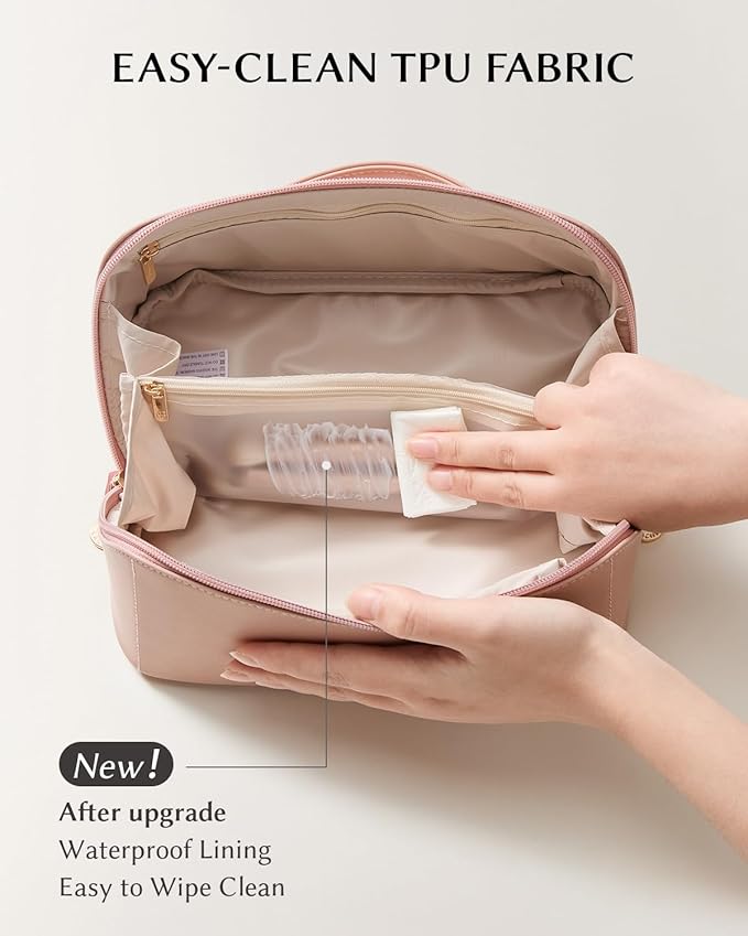 EACHY Travel Makeup Bag, Large Capacity Cosmetic Bag for Women, Waterproof PU Leather, Flat Open Portable Toiletry Bag for Skincare, Brushes & Travel Essentials