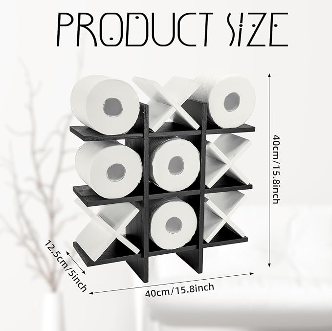 Weysat Tic Tac Toe Toilet Paper Holder Stand Bathroom Wall Decor Rustic Wooden Hanging Storage Freestanding Wall Mounted Shelves Decor for Toilet Tissue Farmhouse
