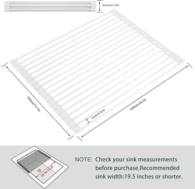 HANZENMA Roll Up Dish Drying Rack Over The Sink Kitchen Roll Up Sink Drying Rack Multipurpose Foldable Sink Drying Mat, Heat-Resistant, Anti-Slip & Anti-Rust Dish Rack for Kitchen, 20.5" x 13", White