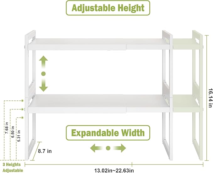 DOLALIKE Expandable Kitchen Countertop Organizer, Stackable Cabinet Shelf Organizers, Space Saving Spice Rack Pantry Storage for Bathroom Office Organization (White, 2 Tier)