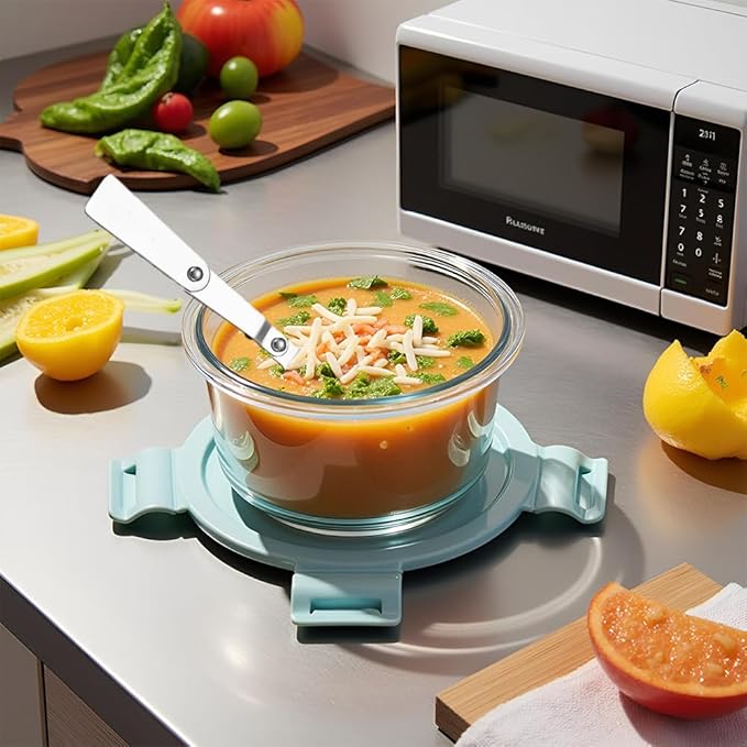 2 Cup Round Glass Soup Container with Lids and Spoons