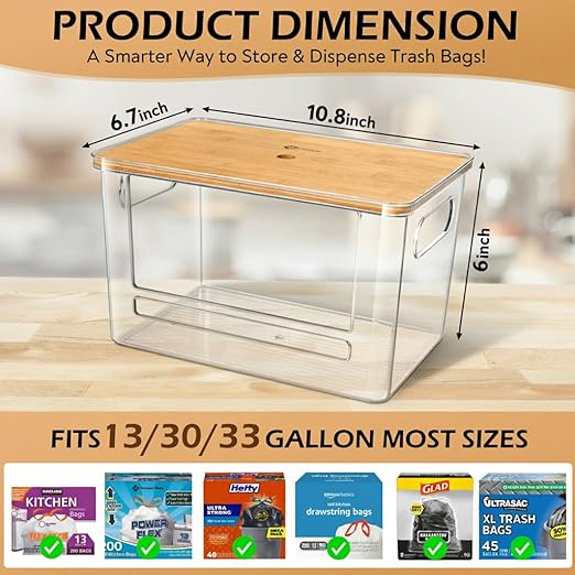 Stackable Trash Bag Dispenser with Wooden Top for Holding 13 to 33 Gallon Large