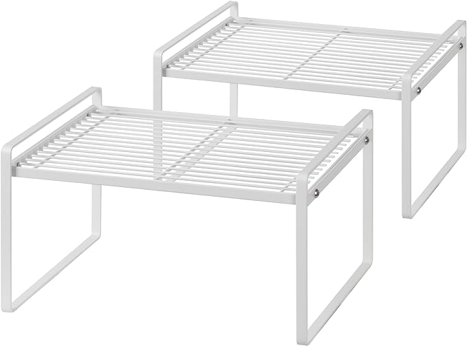 Shantton 2Pack Kitchen Cabinet Shelf Counter Organizer Rack Pantry Storage Bathroom Bedroom Office Table Desk Space Saving Stackable Rust Resistant Non Slip White Wide L13.1in W10.6in H7.3in
