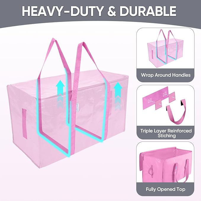 TICONN 8 Pack Extra Large Moving Bags Heavy Duty with Zippers & Carrying Handles, Durable Storage Bags Moving Boxes for Closet Organizers and Storage (8 Pack, Pink)