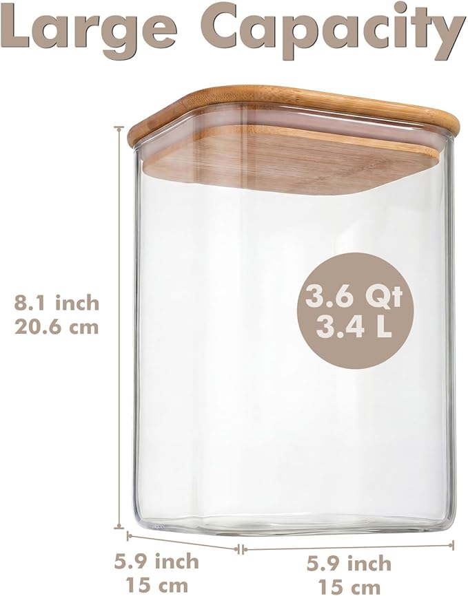 2-Pack 3.4Qt Large Glass Flour Sugar Storage Containers with Bamboo Lids, Wide-Mouth Food Jars with Measuring Cups for Baking, Aesthetic Glass Storage Pantry Jars for Sugar, Flour, Rice, Oats