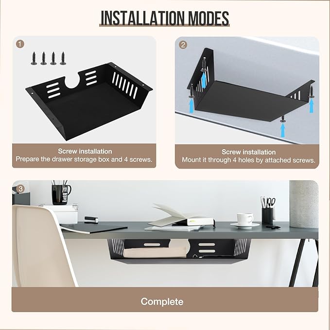 2 Pack Under Desk Shelf - Under Desk Storage Shelf Metals,Under Desk Organizer - Black Under Shelf Storage for Office Tables & Workstations（11 Inch）