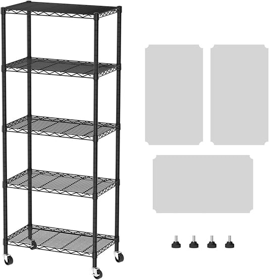 SINGAYE 5 Shelf Storage Wire Shelves Closet Bathroom Organizers Metal Pantry Kitchen Garage Shelving Unit Laundry Room Organization Home Narrow Rack Net Basket with Wheels Black