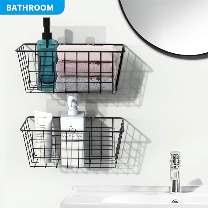 MaraFansie Hanging Kitchen Baskets Wire Storage Basket Over the Cabinet Door Organizer, No Drilling Adhesive Basket for Cabinet Pantry Organization and Kitchen, Bathroom, Storage, 2 Pack, Black