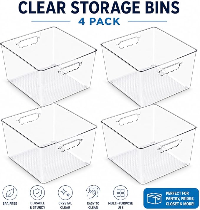 Sorbus Clear 11x11 Cube Storage Bins, 4 Pack Large Square Organizer Bins with Handles, Stackable Plastic Storage Containers for Cube Storage, Closet, Shelf & Home Organization, BPA-Free
