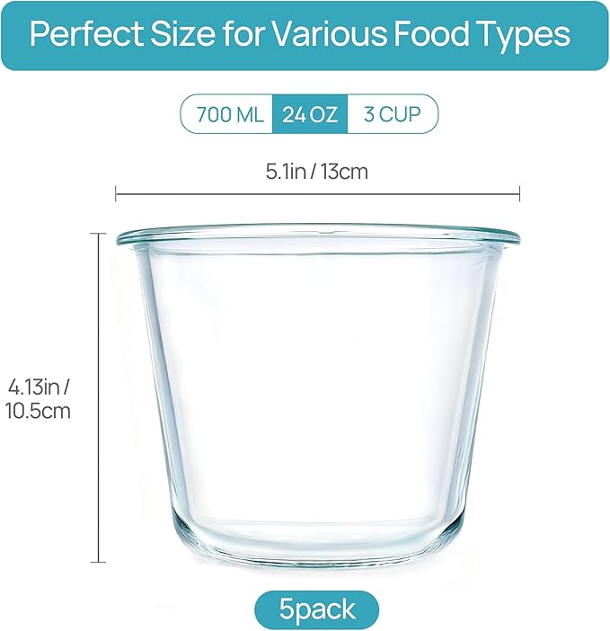 5Pack 24oz Glass Storage Containers with Lids