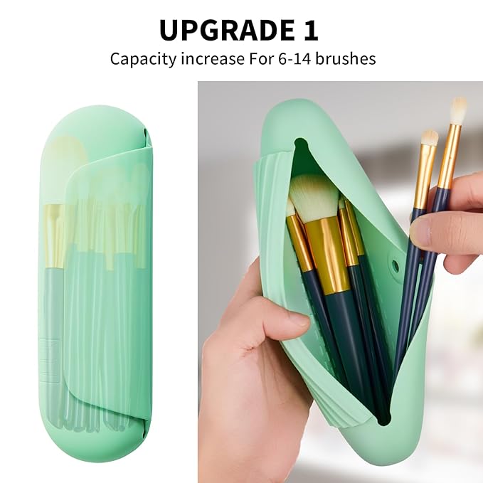 AGIKET Silicone Makeup Brush Holder Travel Cosmetic Bag：Soft Portable Cosmetic Face Brushes Holder with Upgrade Anti-Fall Out Magnetic Closure, Large Travel Makeup Brush Case - Green