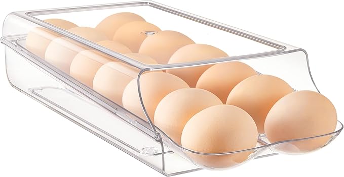 Vtopmart Clear Plastic Egg Holder for Fridge, Automatic Rolling Egg Container for Refrigerator, Stackable 14-Count Eggs Organizer with Removable Inner Tray, Fridge Organizers and Storage, 1Pack