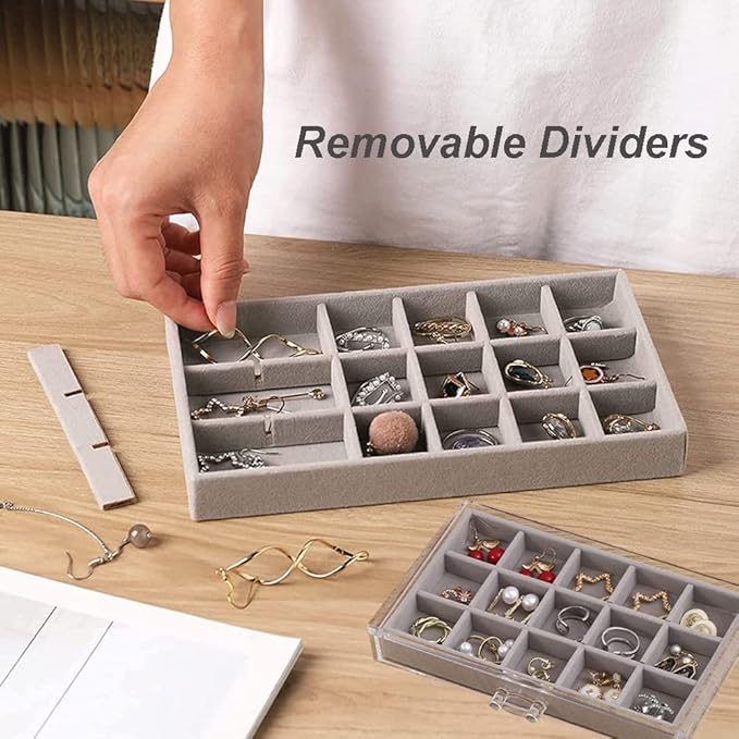 YUFONG Earring Organizer Box Acrylic Jewelry Organizer with 3 Drawers 54 Adjustable Grids Clear Stackable Earring Holder Velvet Trays Ring Display Case for Women Girls (Gray)