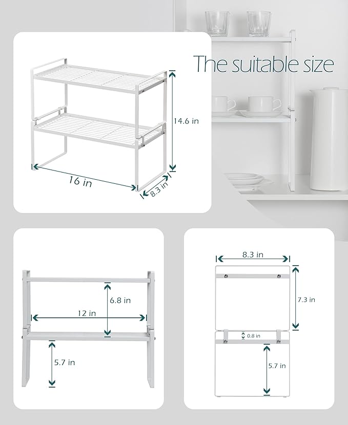 Shantton 2Pack Cabinet Shelf Organizer Storage Rack Space Saving for Kitchen Counter Pantry Bathroom Cupboard Under Sink Office Table Desk Steel Stackable Rust Resistant Heavy Duty Nonslip 16” White