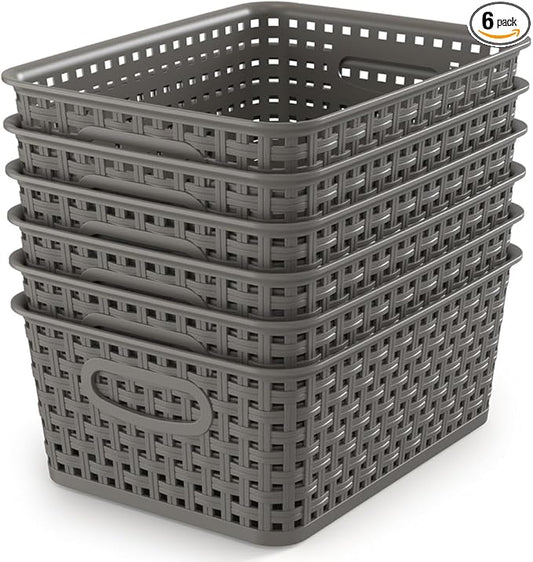 Weave Storage Organizer Baskets, Grey 6-Pack Plastic Woven Baskets