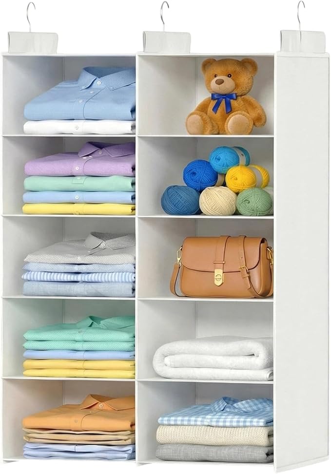 ALLTIDYUP White 5-Tier Hanging Closet Storage Organizer - Space-Saving Dual-Row Foldable Shelves with 3 Hooks, Wardrobe Organizer for Dorm, Bedroom, Clothes and Accessories