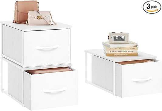 X-cosrack 3 Packs Individual Stackable Storage Drawers with Wood Top for Closet, Small Stacking Closet Organizer with Drawers, Metal Frame 3 Fabric Storage Drawer Bins for Bedroom, Under Bed, White