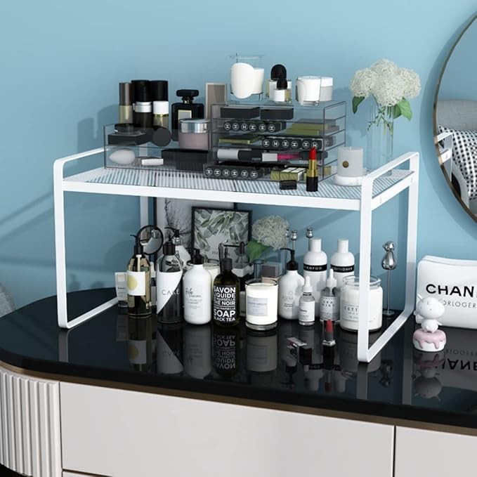2 Pack Stackable Cabinet Shelf Organizer - Heavy-Duty Coated Metal Storage Rack, Non-Slip Space-Saving for Kitchen Pantry, Under Sink, Cupboard, Countertop (Mesh White)
