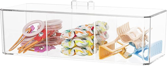 Hair Accessories Organizer for Girls, Clear Hair Bow Tie Clip Scrunchie Holder Organizer with Removable Divider, Cute Small Stackable Storage Drawer Container Caddy Box, Kids Women Vanity Accessories