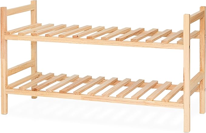 PJ Wood Stackable Wooden Shoe Rack Organizer for Closet Storage, Entryway Shelves, Tiered Cabinet for Shoes, 6 Pair Capacity, Natural