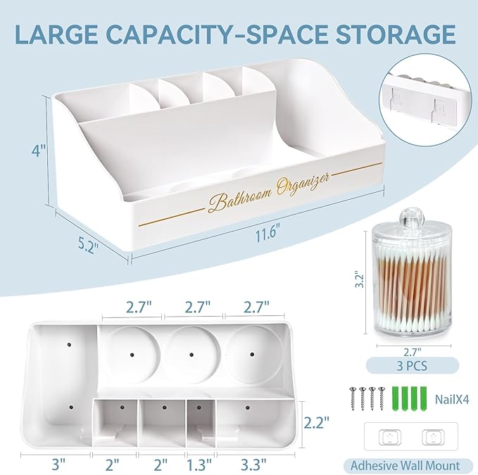 Tucao Toothbrush Holders, Toothbrush Holders for Bathroom with 6 Large Capacity Storage Slots & 3 Qtip Holders - Sturdy for Bathroom Counter Organizers and Storage Countertop - Marble White
