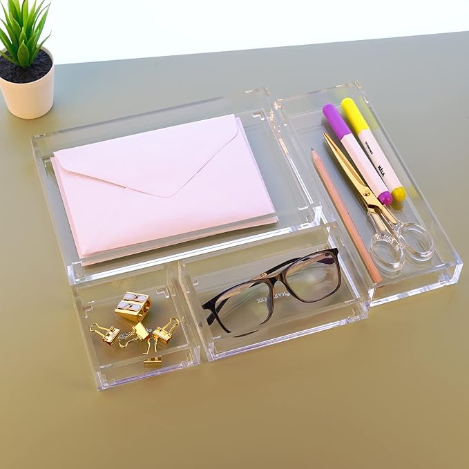 Clear Acrylic Stackable Drawer Organizer Trays, 4-Pack