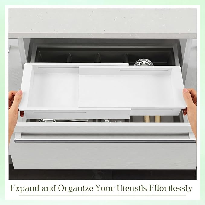2 Pcs Sliding Drawer Organizer Bin Bamboo Drawer Expandable Bins Utensil, White