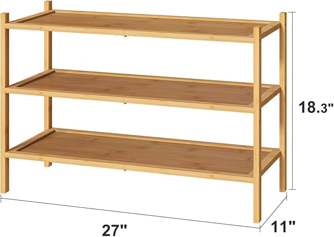 kiplant 3-Tier Shoe Rack for Closet, Bamboo Wood Shoe Rack for Indoor & Outdoor, Stackable Shoe Organizer for Entryway (Natural, 3-Tier)