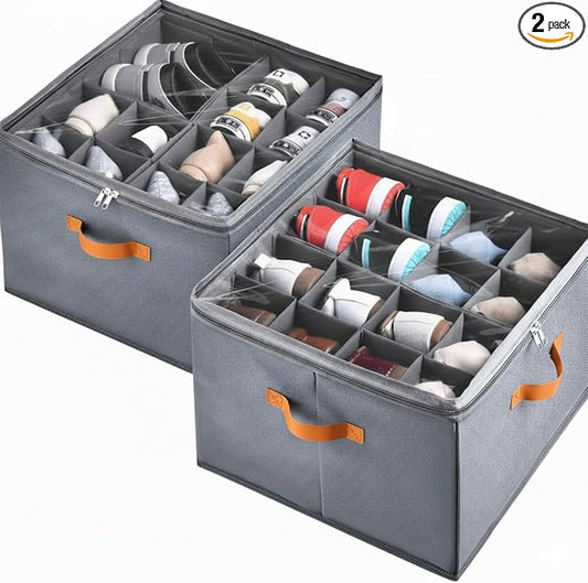 2 Pack Shoe Organizer for Closet, Foldable Storage Box with Adjustable Dividers