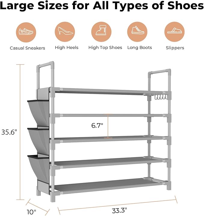5 Tier Shoe Rack, Shoe Organizer Storage for 20-25 Pair Boot and Sneaker, Stackable Free Standing Shoe Shelf with Hooks and Side Pocket, Space Saving Shoes Rack for Closet, Entryway, Grey