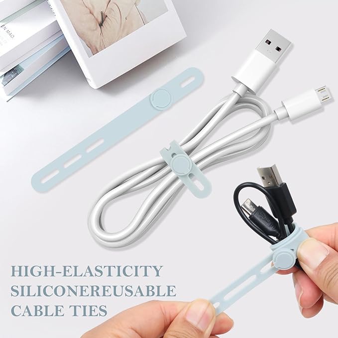 Donruby 30Pcs Silicone Cable Ties - Reusable & Washable with Adjustable Locking Buckles, High Elasticity Cable Management Straps for Home, Office, School, Travel Essential Cord Organizer (Blue)